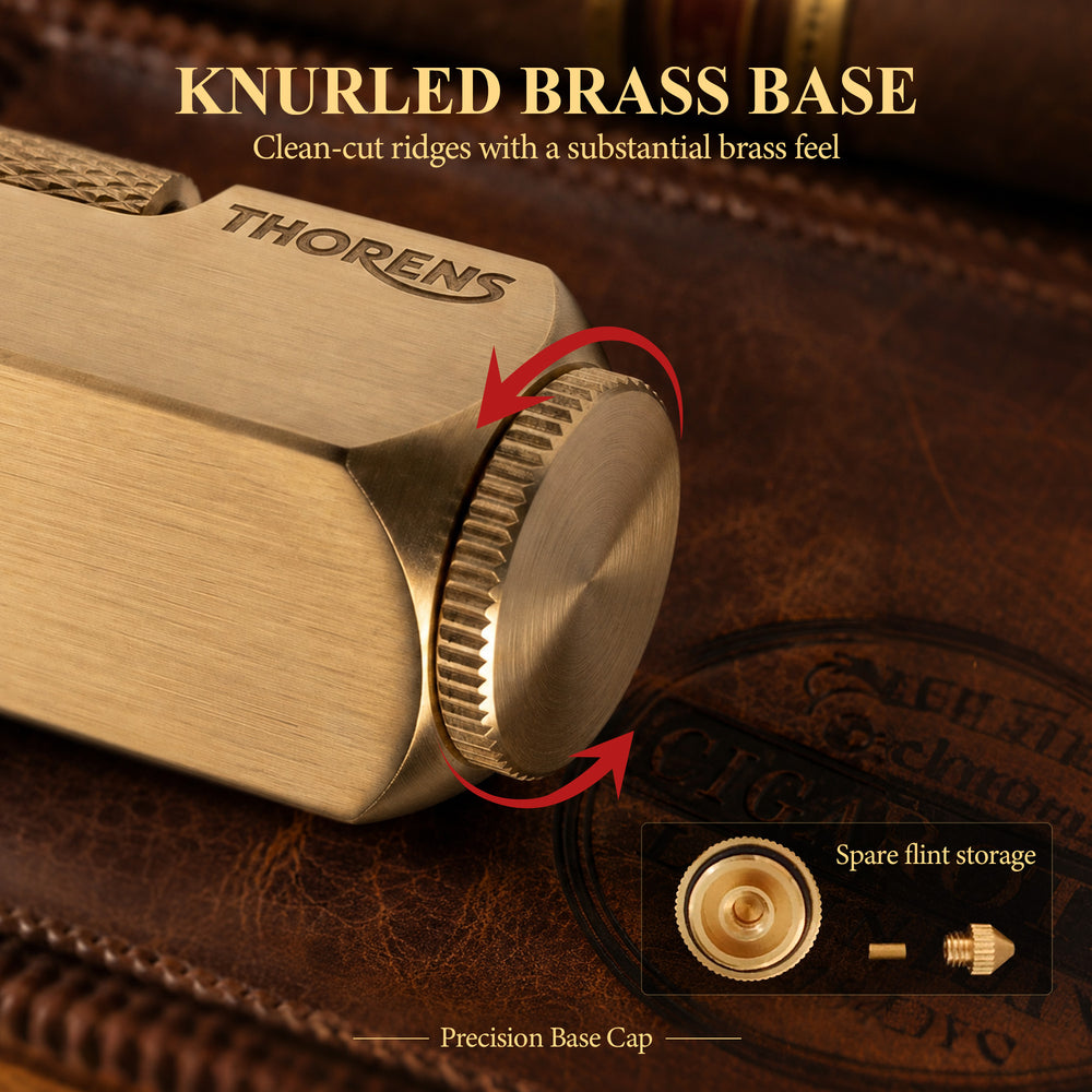 A technical infographic for the Flamido lighter, detailing its 2.83-inch height, brass material, and 0.293 lb weight, with illustrated guides for refilling fluid and replacing the flint.