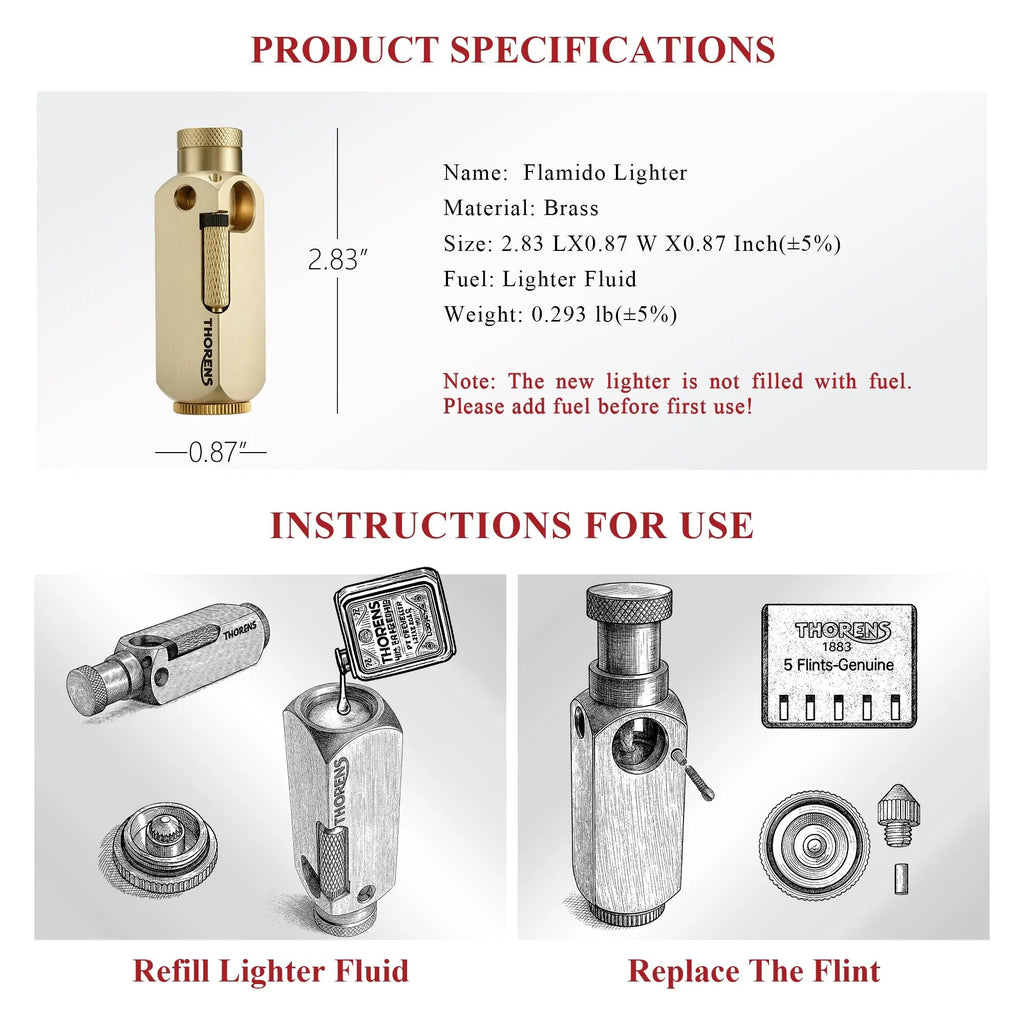 A technical infographic for the Flamido lighter, detailing its 2.83-inch height, brass material, and 0.293 lb weight, with illustrated guides for refilling fluid and replacing the flint.