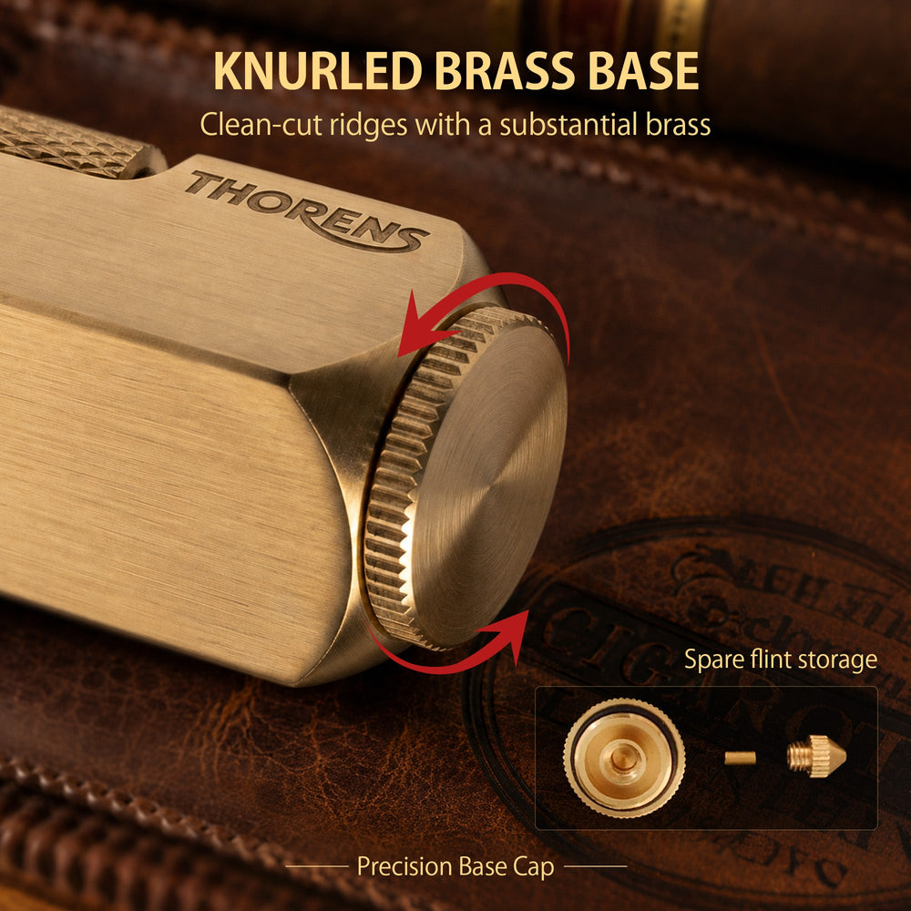 A technical infographic for the Flamido lighter, detailing its 2.83-inch height, brass material, and 0.293 lb weight, with illustrated guides for refilling fluid and replacing the flint.