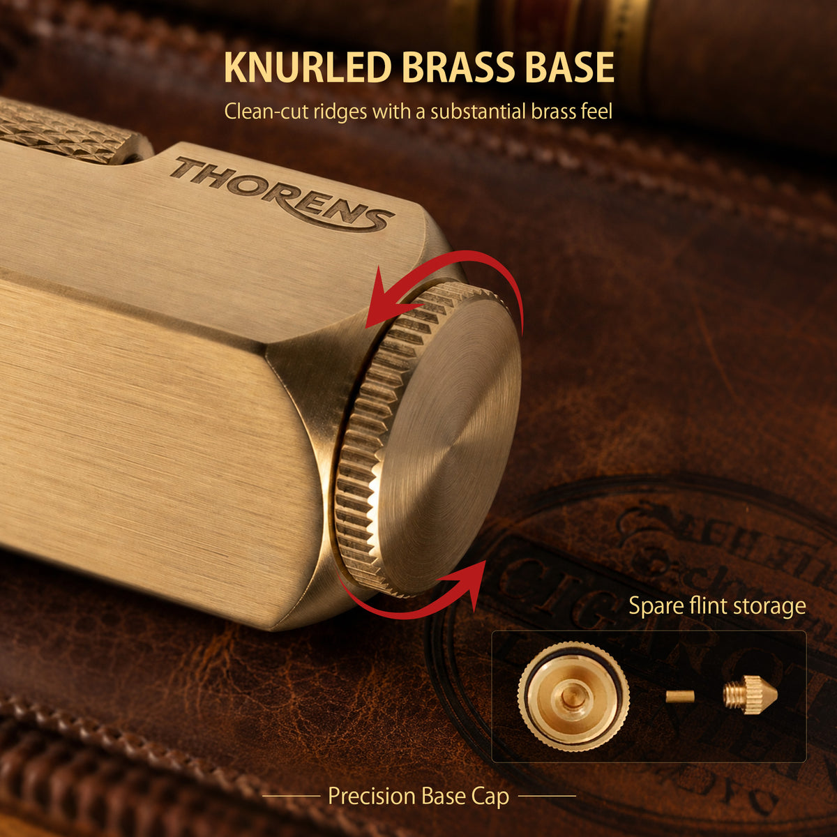 A technical infographic for the Flamido lighter, detailing its 2.83-inch height, brass material, and 0.293 lb weight, with illustrated guides for refilling fluid and replacing the flint.