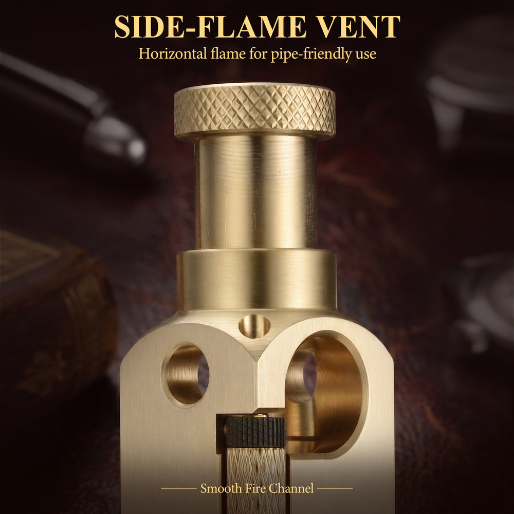 A detail collage of the Flamido brass lighter, featuring close-ups of the Thorens logo engraving, the diamond-pattern knurling on the plunger, and the precision-milled edges.