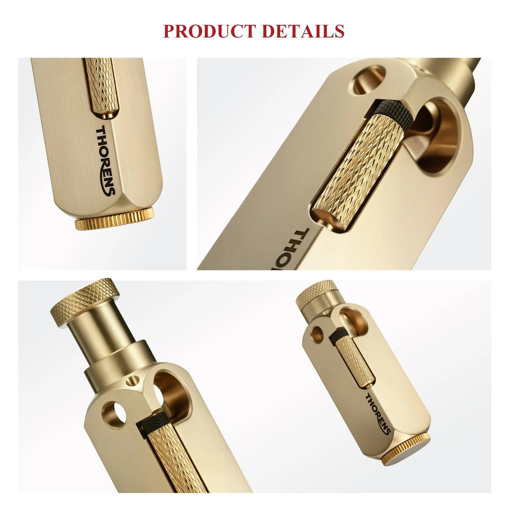 A detail collage of the Flamido brass lighter, featuring close-ups of the Thorens logo engraving, the diamond-pattern knurling on the plunger, and the precision-milled edges.