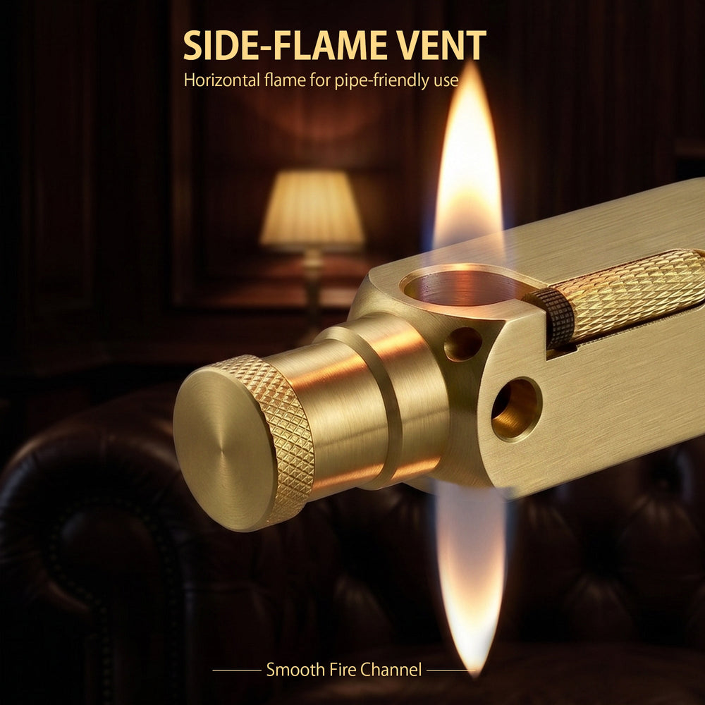 A detail collage of the Flamido brass lighter, featuring close-ups of the Thorens logo engraving, the diamond-pattern knurling on the plunger, and the precision-milled edges.