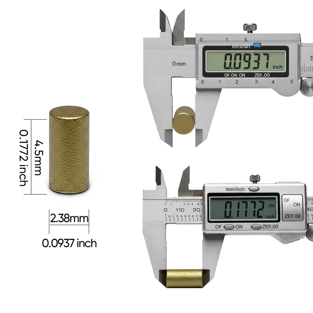 Dimension reference image for a Thorens lighter flint, showing the cylindrical flint with labeled measurements and digital caliper readings for diameter and length on a light background