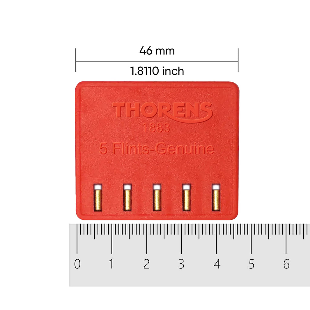Thorens lighter flint pack showing five replacement flints in a red case with printed size reference of 46 mm and ruler scale below on a light background