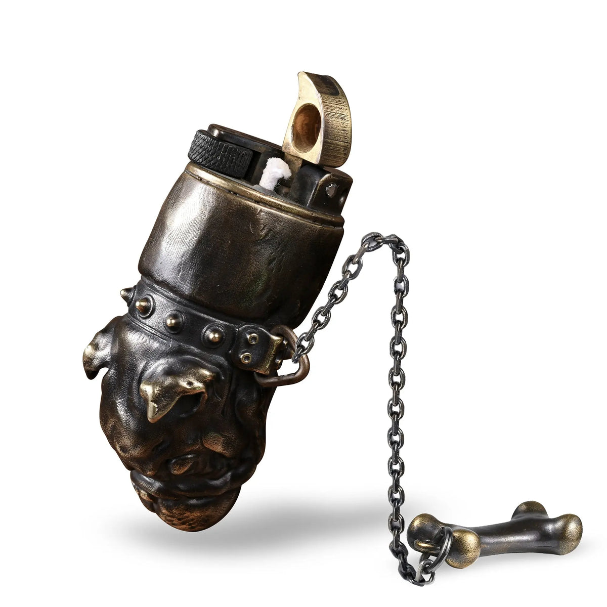 An open view of the Thorens French Bulldog antique brass lighter, showcasing the flint wheel, wick, and the inner mechanics of the flip-top lid.