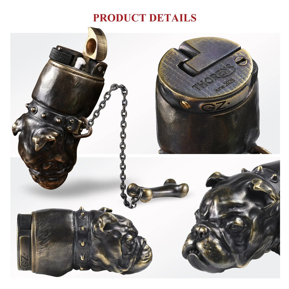 A multi-angle product display of the Thorens French Bulldog lighter in antique brass, showcasing the lid mechanism, brand logo engraving, and the intricate sculpted details of the bulldog's head and studded collar.