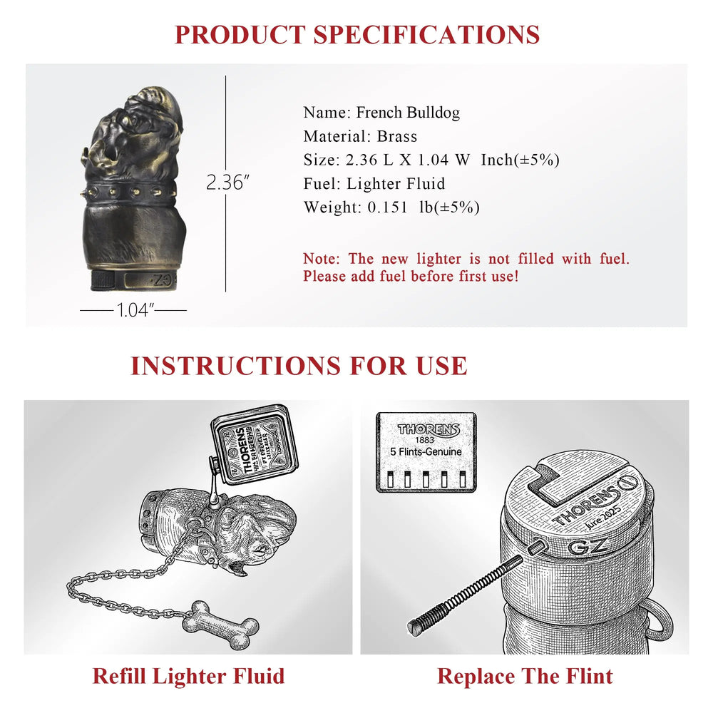 A technical specification sheet for the Thorens French Bulldog brass lighter, detailing its dimensions, weight, and material alongside illustrated guides for refilling fluid and replacing the flint.