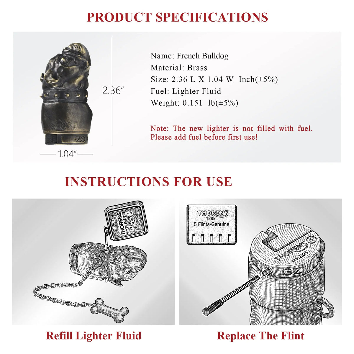 A technical specification sheet for the Thorens French Bulldog brass lighter, detailing its dimensions, weight, and material alongside illustrated guides for refilling fluid and replacing the flint.