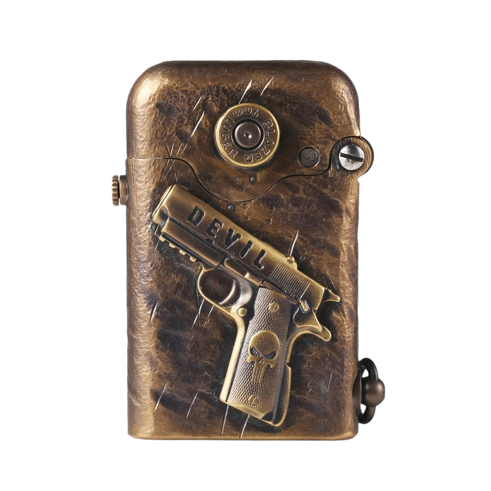 A weathered antique brass Gen 1 Single Claw lighter featuring a 3D sculpted pistol with "DEVIL" engraving and a 9mm bullet casing motif.