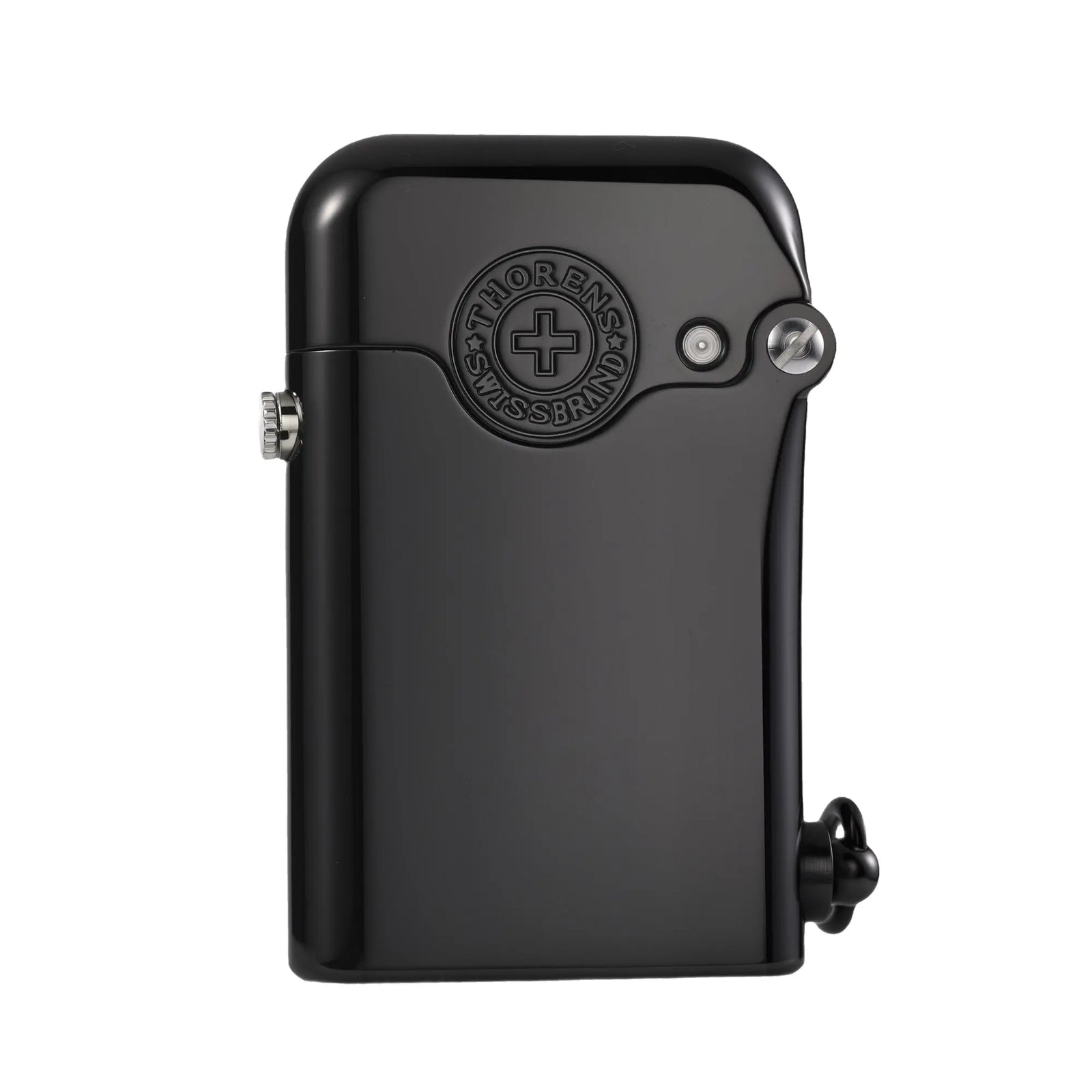 A glossy black Gen 1 Single Claw lighter featuring a raised Thorens Swiss Brand emblem and mechanical side-ignition on a polished brass body.