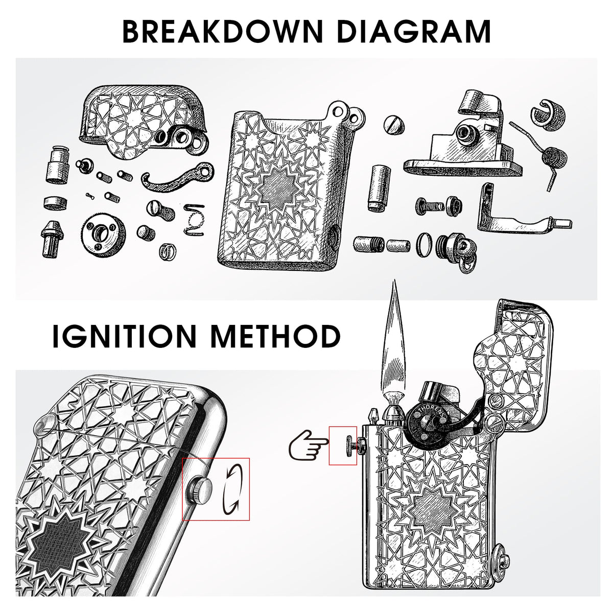 Technical diagram of the Thorens Gen 1 Single Claw Blue Lucky Star lighter, showing separated internal parts, star-pattern body, and side-knob ignition method.
