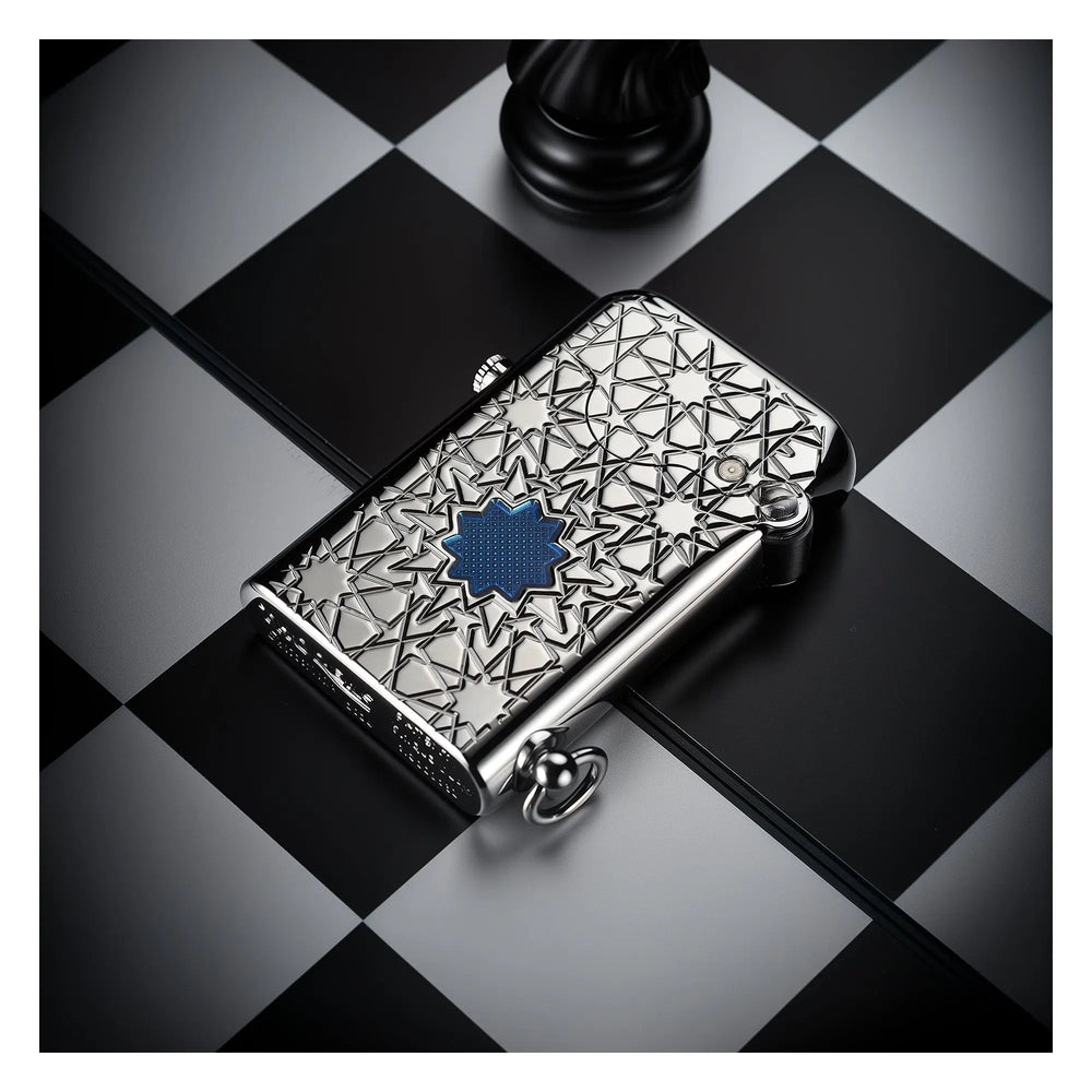 A Thorens Gen 1 Single Claw lighter featuring a silver star engraving and blue lucky star inlay, displayed on a monochrome chessboard to highlight its collectible appeal and refined EDC aesthetics.