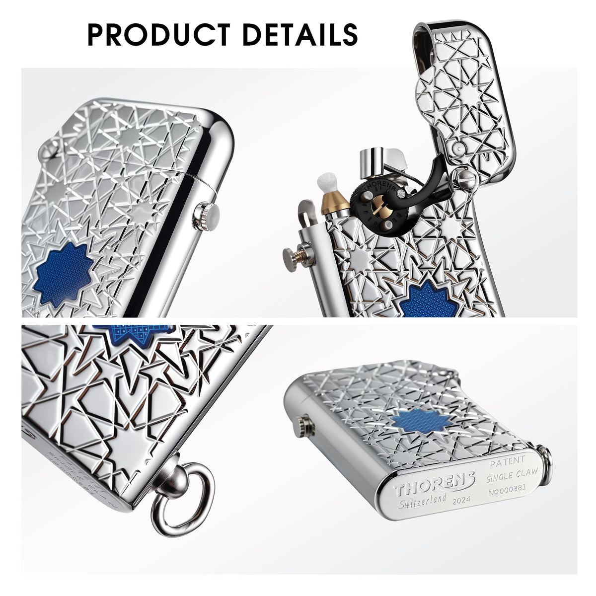 Close-up views of a Thorens Gen 1 Single Claw lighter featuring silver star engravings and a blue lucky star inlay, showcasing the mechanical ignition and Swiss heritage markings.