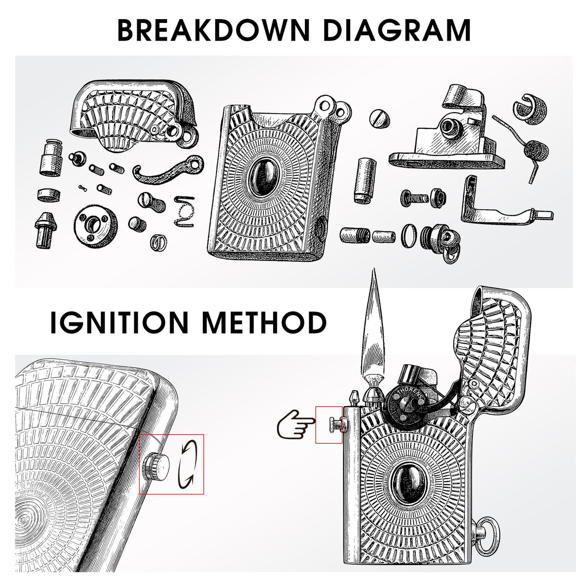 A technical line-art illustration showing a breakdown of the Gen 1 Single Claw lighter components and a step-by-step guide to the manual ignition method.