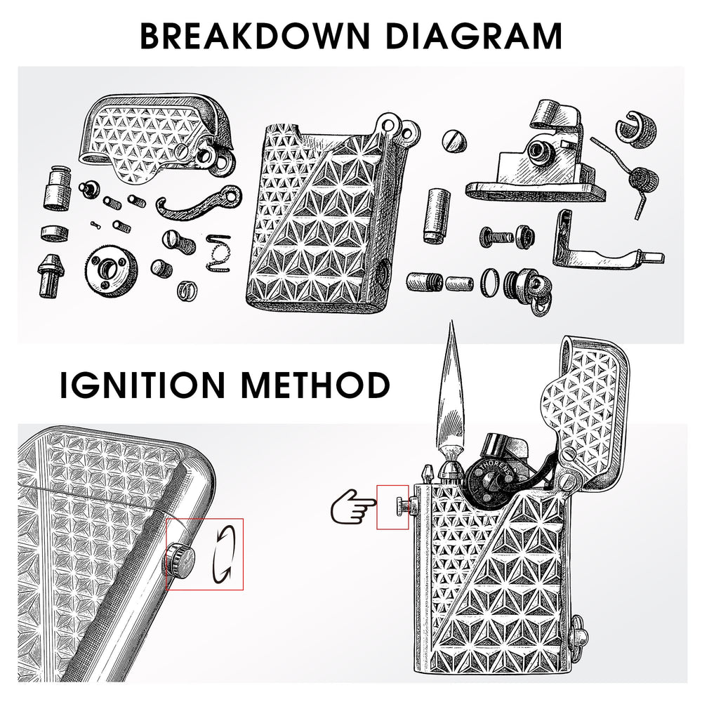 Mechanical breakdown diagram and ignition method instructions for the silver Thorens Gen 1 single claw lighter with diamond pattern.