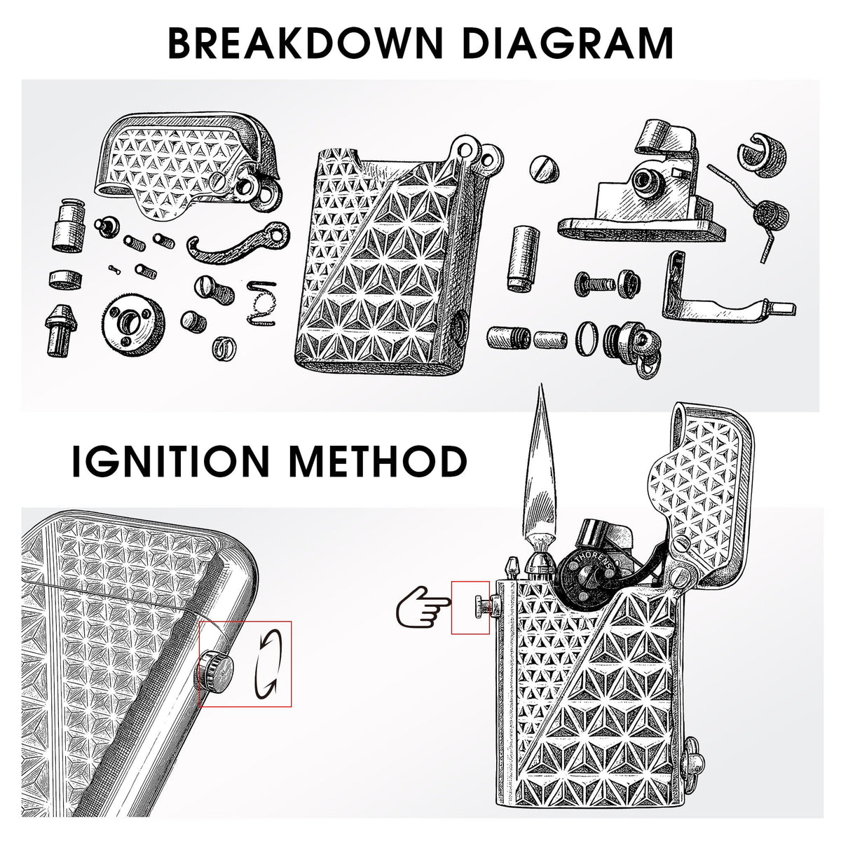 Mechanical breakdown diagram and ignition method instructions for the silver Thorens Gen 1 single claw lighter with diamond pattern.