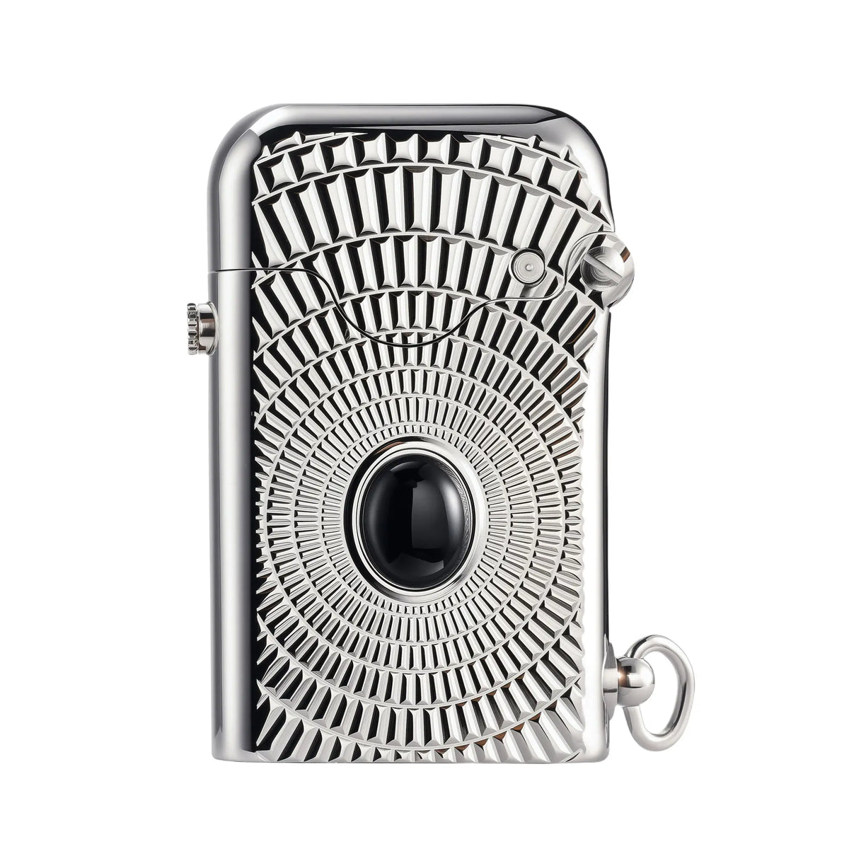 A silver Gen 1 Single Claw lighter featuring a radial sunburst pattern and a polished black gemstone center on a chrome brass body.