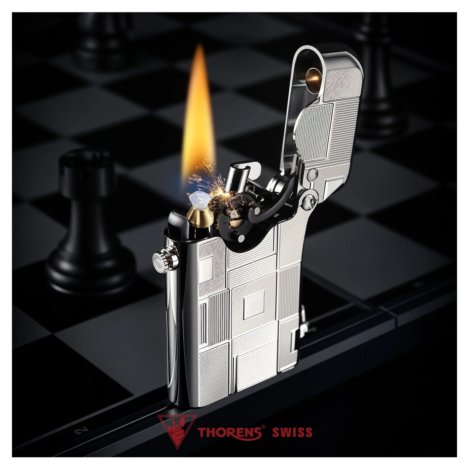 An ignited Thorens Gen 1 Single Claw lighter with silver geometric engravings, showcasing a steady flame and mechanical precision against a dark, sophisticated chessboard backdrop.