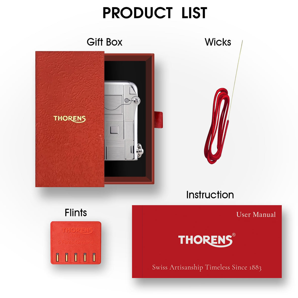 A product list for the Gen 1 Single Claw lighter with a geometric engraved pattern, shown with its signature red gift box, flints, wicks, and user manual.