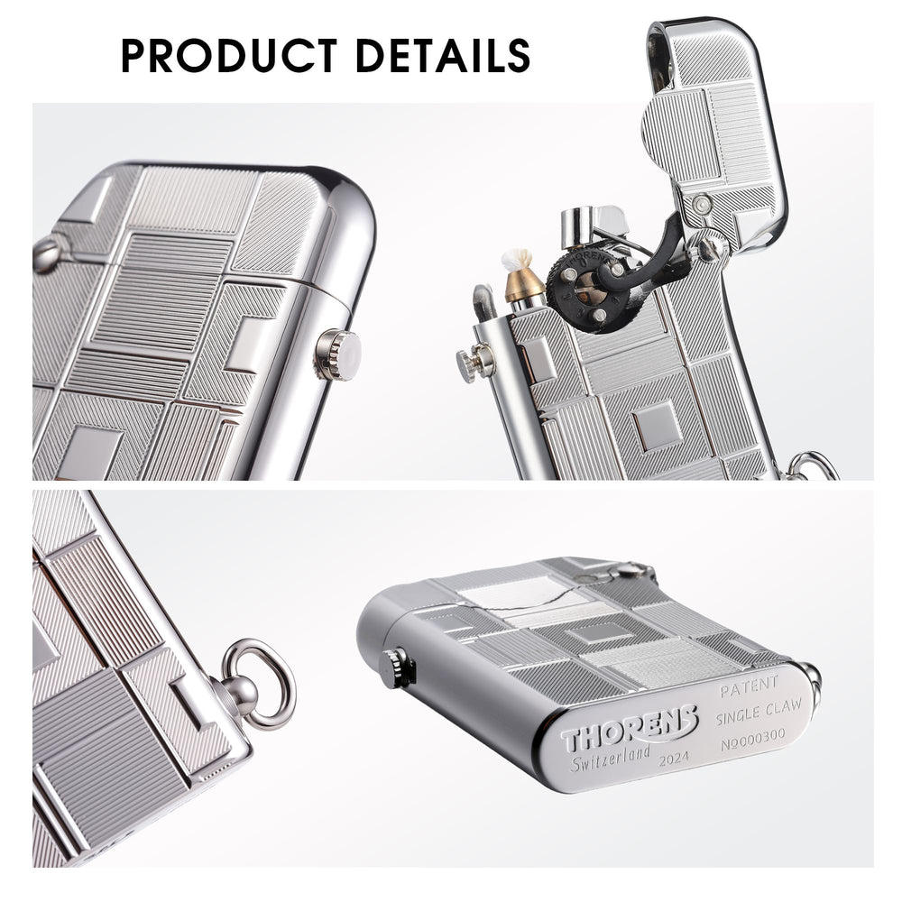 Detailed product shots of the Thorens Single Claw Gen 1 lighter showing the silver geometric engravings, open mechanical ignition, and Swiss heritage bottom stamps on a white background.