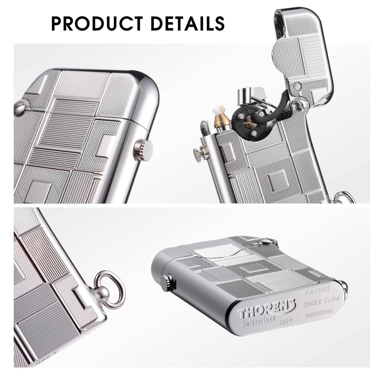 Detailed product shots of the Thorens Single Claw Gen 1 lighter showing the silver geometric engravings, open mechanical ignition, and Swiss heritage bottom stamps on a white background.