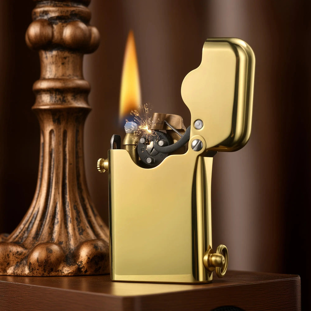 A Thorens Gen 1 Single Claw lighter in glossy brass, captured at the moment of ignition with a tall flame and mechanical sparks against a warm interior backdrop.