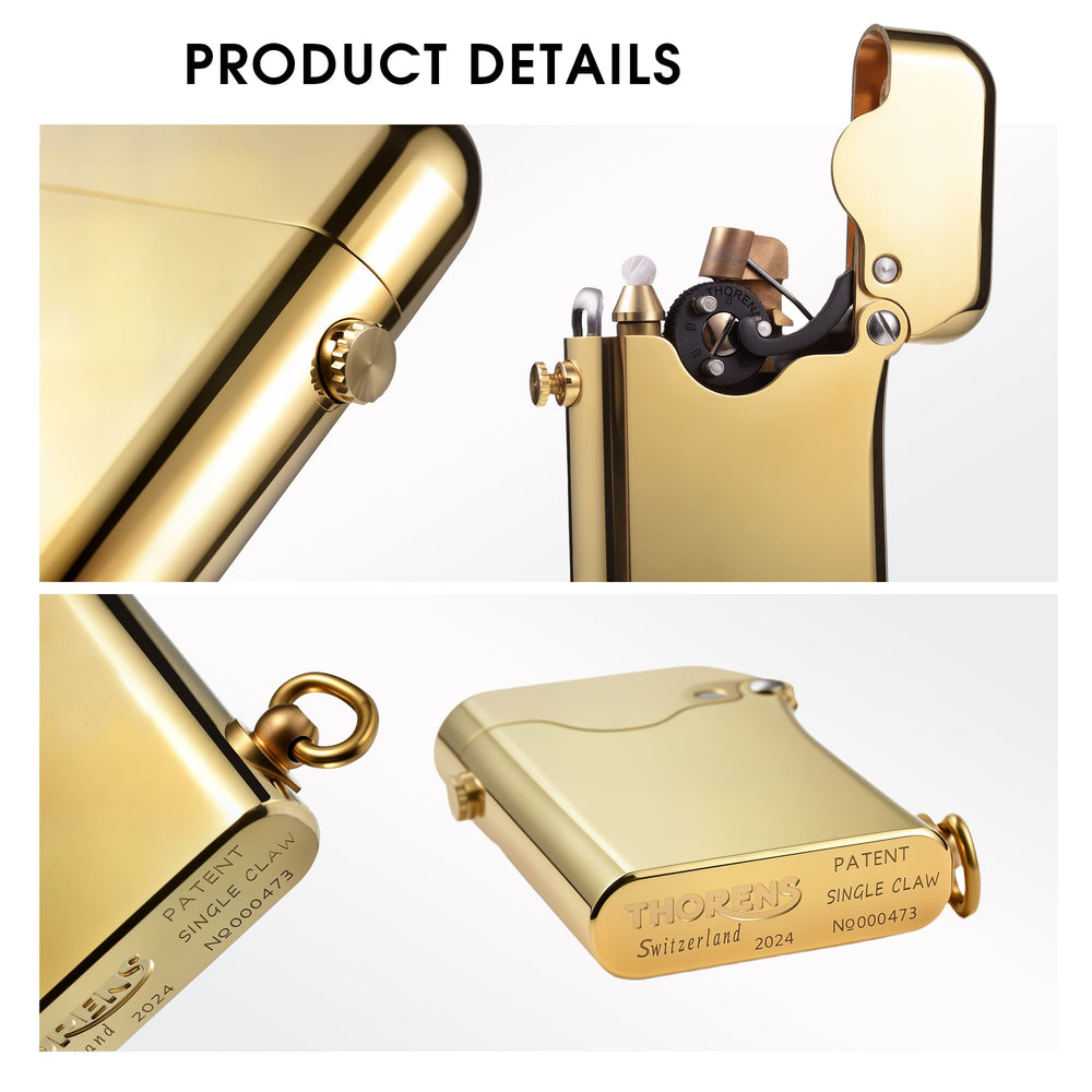 A detailed collage of the Thorens Gen 1 Single Claw Glossy Brass lighter, showing the mechanical ignition, side profile, and engraved base plate.