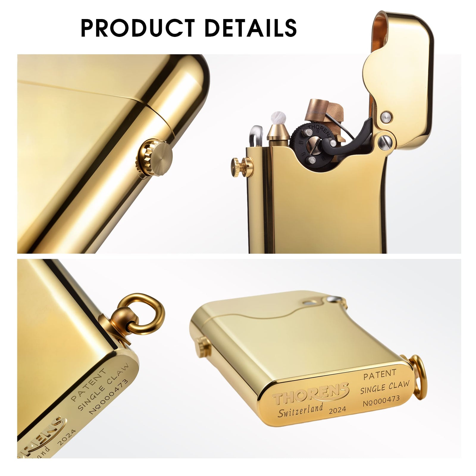 A detailed collage of the Thorens Gen 1 Single Claw Glossy Brass lighter, showing the mechanical ignition, side profile, and engraved base plate.
