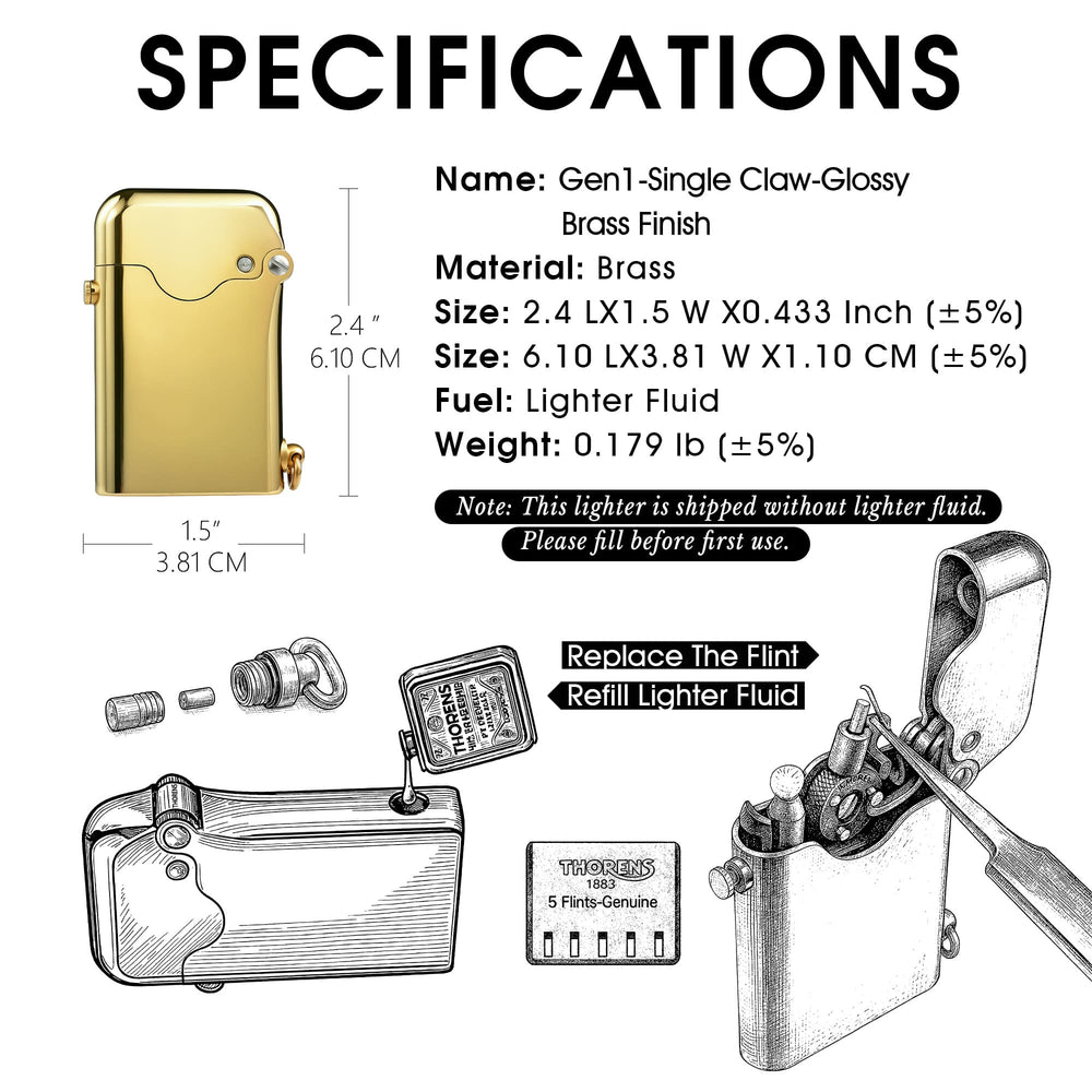 A technical graphic of the Thorens Gen 1 Single Claw Glossy Brass lighter, featuring dimensions, material specs, and refill instructions.