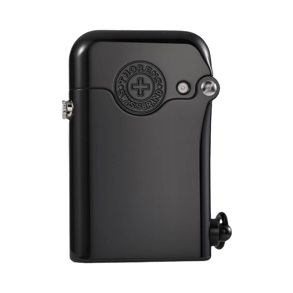 A glossy black Thorens Gen 1 Single Claw lighter featuring an embossed Thorens Swiss Brand emblem and precision mechanical hinge.