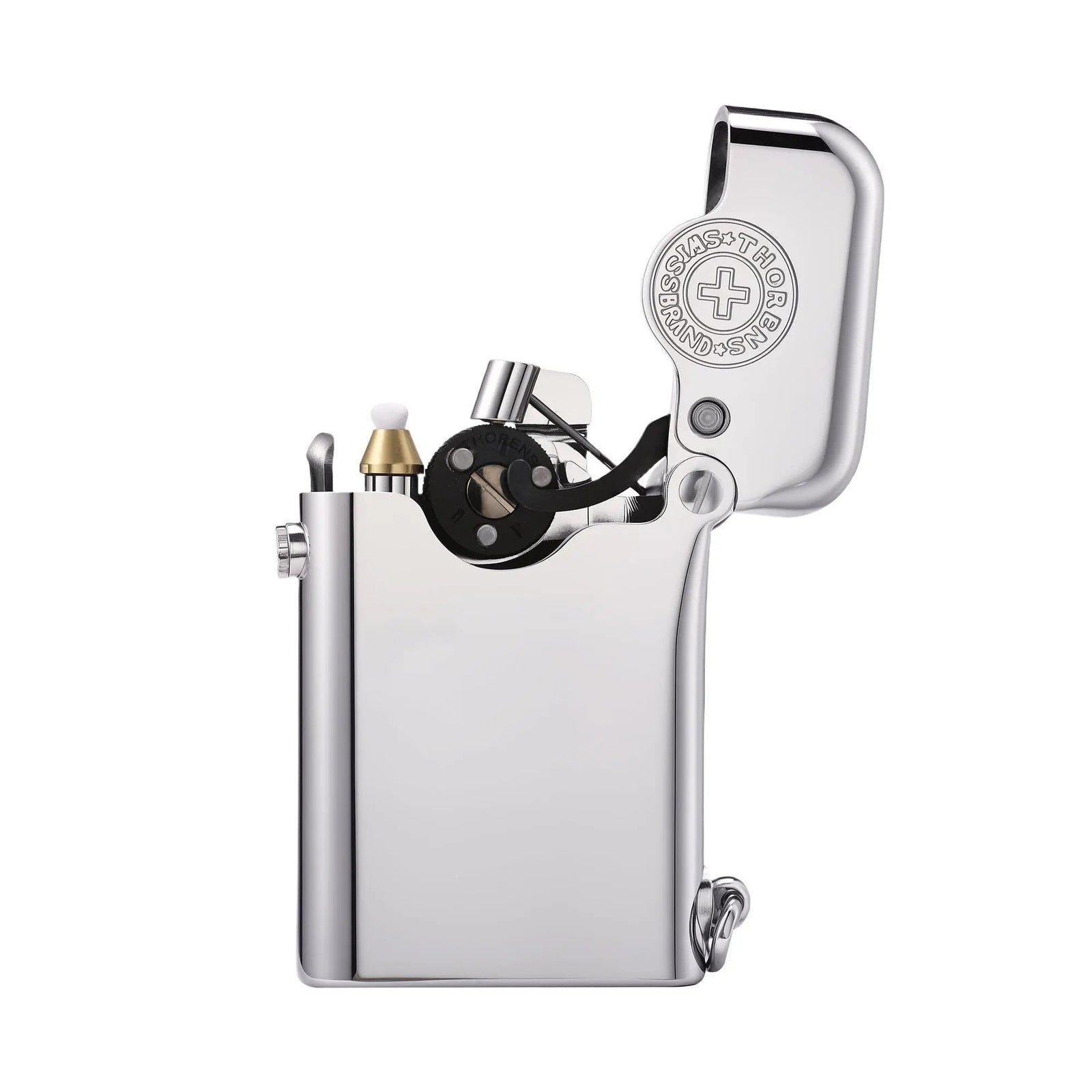 An open Thorens Gen 1 Single Claw silver lighter with a high-gloss finish, showcasing the Swiss brand emblem on the inner lid and the classic single-claw mechanism against a white background.