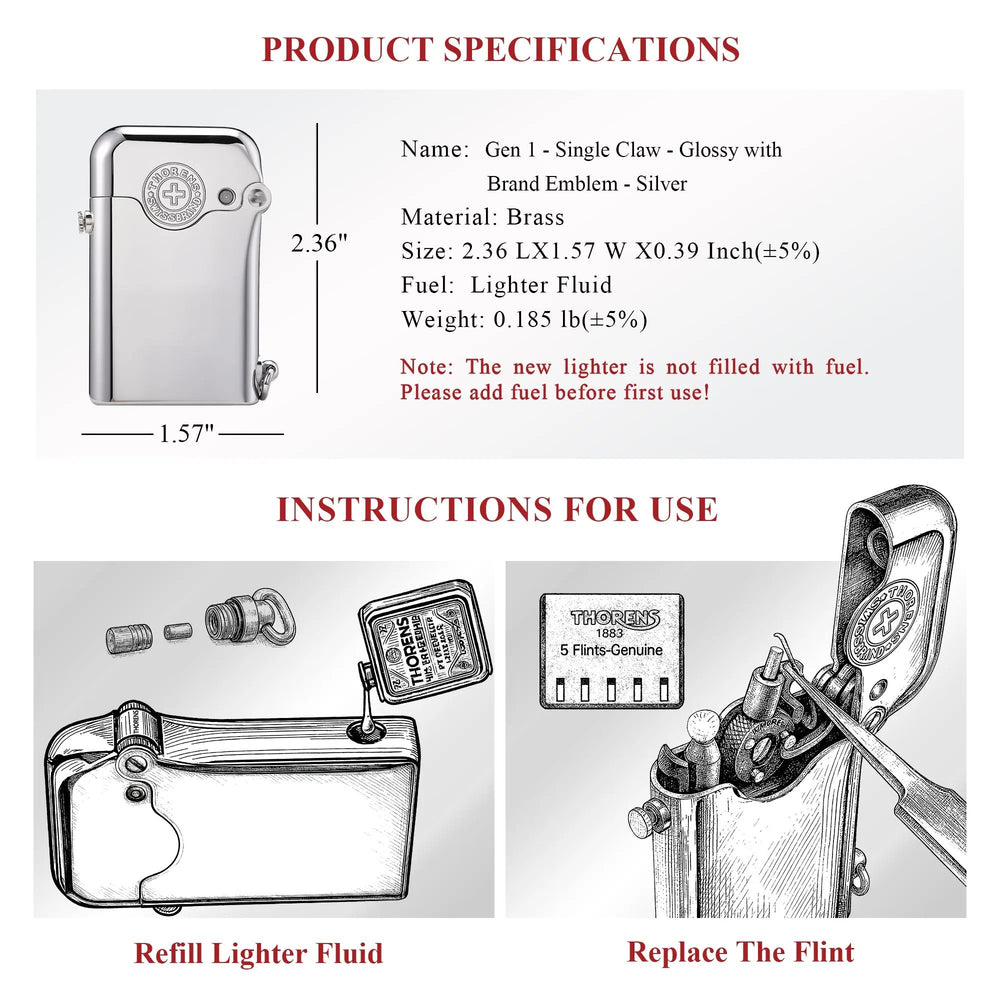 Technical specifications and usage instructions for the Thorens Gen 1 Single Claw silver lighter with brand emblem, showing dimensions, fuel type, and diagrams for refilling fluid and replacing the flint.