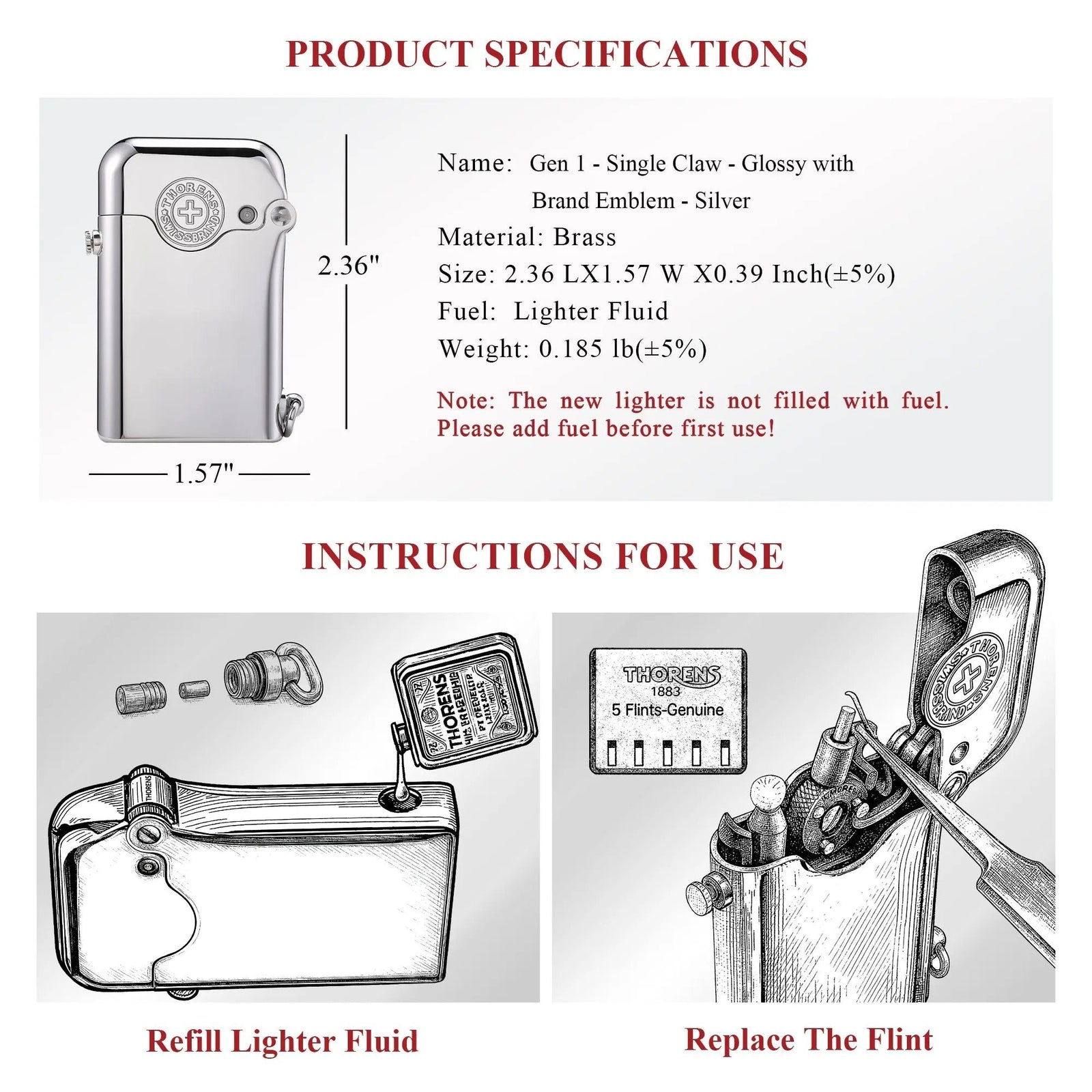 Technical specifications and usage instructions for the Thorens Gen 1 Single Claw silver lighter with brand emblem, showing dimensions, fuel type, and diagrams for refilling fluid and replacing the flint.