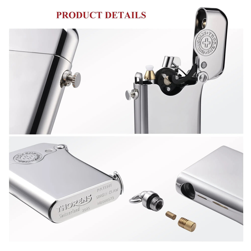 Macro details of the Thorens Gen 1 Single Claw silver lighter, highlighting the brand emblem inside the lid, the side-pull ignition button, and the bottom patent engravings with the fuel and flint port components.
