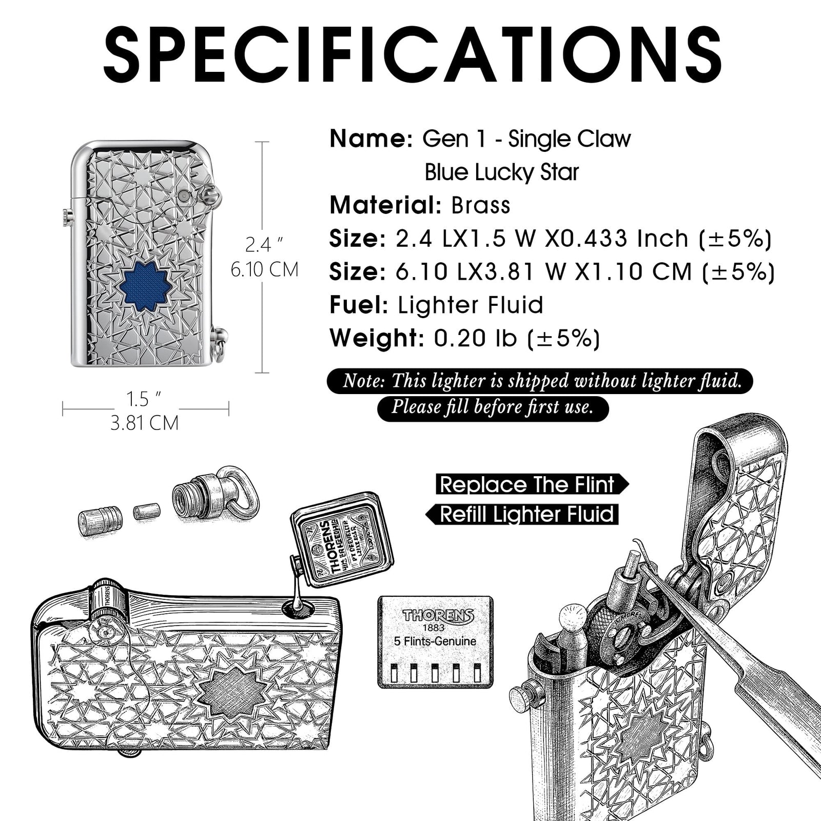 A technical product infographic for the Thorens Gen 1 Single Claw lighter in the "Blue Lucky Star" design. The image displays product dimensions (2.4" x 1.5"), material (Brass), and weight, alongside detailed line-art illustrations showing how to refill lighter fluid and replace the flint.