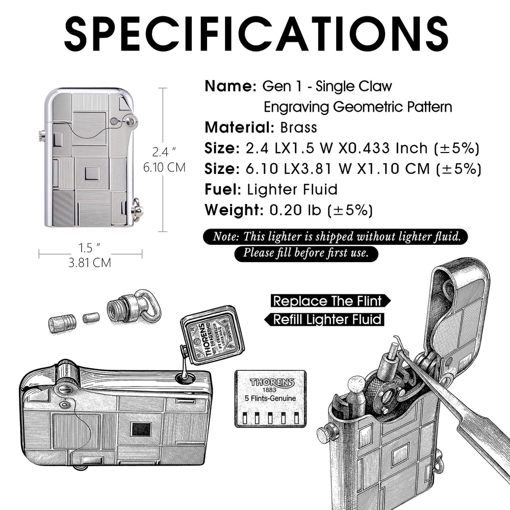 A technical product infographic for the Thorens Gen 1 Single Claw lighter featuring an "Engraving Geometric Pattern." The layout details product dimensions (2.4" x 1.5"), brass construction, and weight, alongside illustrative diagrams for refilling lighter fluid and flint replacement.