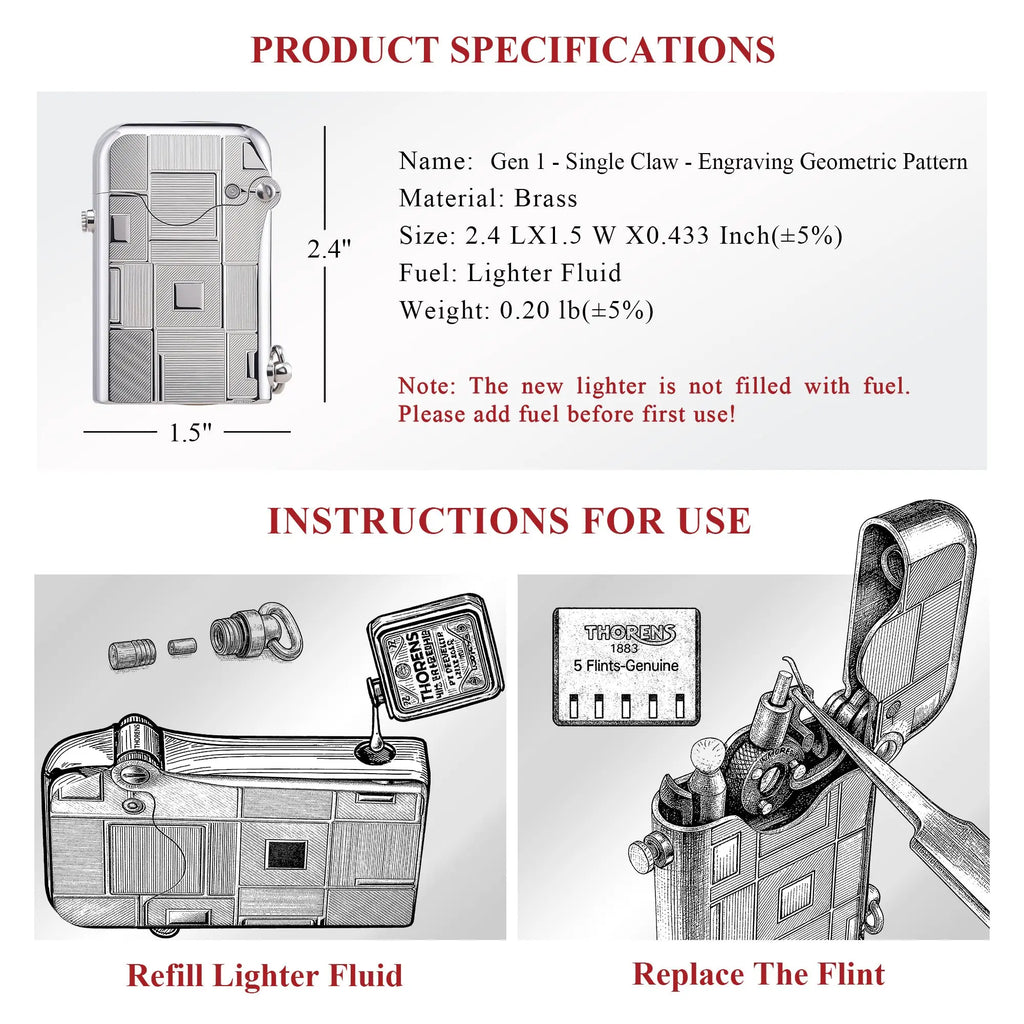 A technical product infographic for the Thorens Gen 1 Single Claw lighter featuring an "Engraving Geometric Pattern." The layout details product dimensions (2.4" x 1.5"), brass construction, and weight, alongside illustrative diagrams for refilling lighter fluid and flint replacement.
