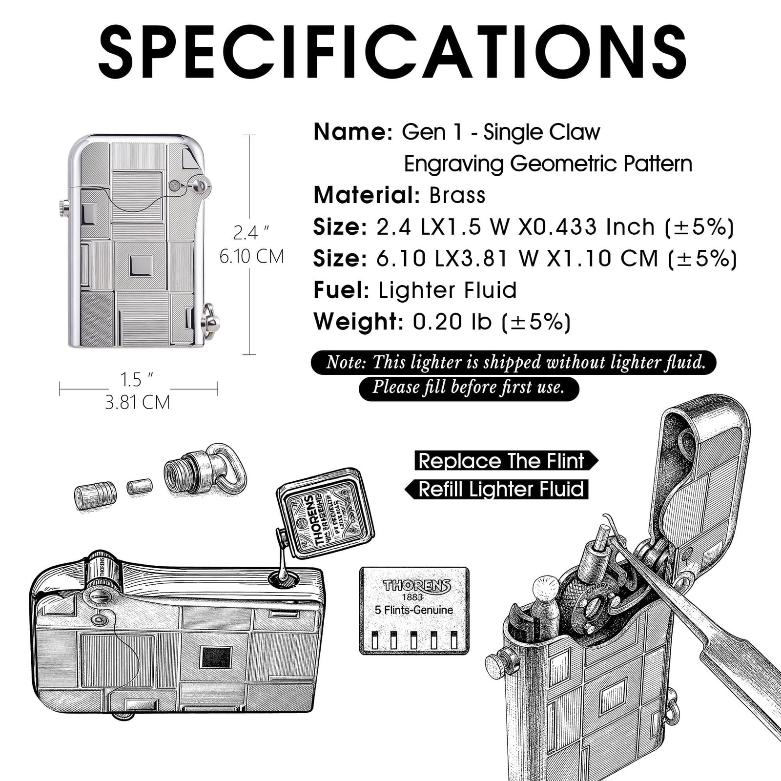 A technical product infographic for the Thorens Gen 1 Single Claw lighter featuring an "Engraving Geometric Pattern." The layout details product dimensions (2.4" x 1.5"), brass construction, and weight, alongside illustrative diagrams for refilling lighter fluid and flint replacement.