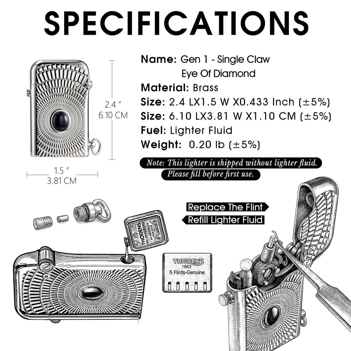 A technical product infographic for the Thorens Gen 1 Single Claw lighter in the "Eye Of Diamond" design. The layout features product dimensions (2.4" x 1.5"), brass construction, and weight, alongside detailed line-art illustrations for refilling fluid and flint replacement.