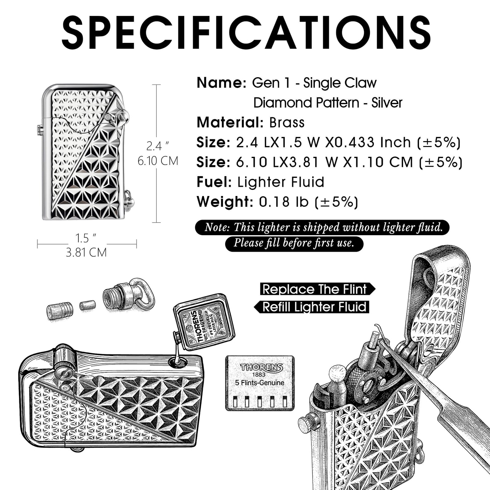 A technical product infographic for the Thorens Gen 1 Single Claw lighter in "Silver Diamond Pattern." The image details dimensions (2.4" x 1.5"), weight (0.18 lb), and brass construction, alongside line-art diagrams for refilling lighter fluid and flint replacement.