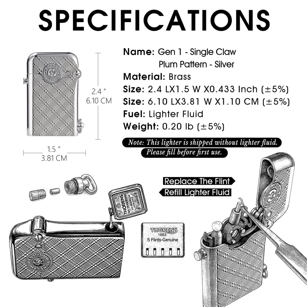 A comprehensive product infographic for the Thorens Gen 1 Single Claw lighter in "Silver Plum Pattern." The layout includes technical specs such as dimensions (2.4" x 1.5"), material (Brass), and fuel type, paired with illustrative diagrams for refilling lighter fluid and replacing the flint.