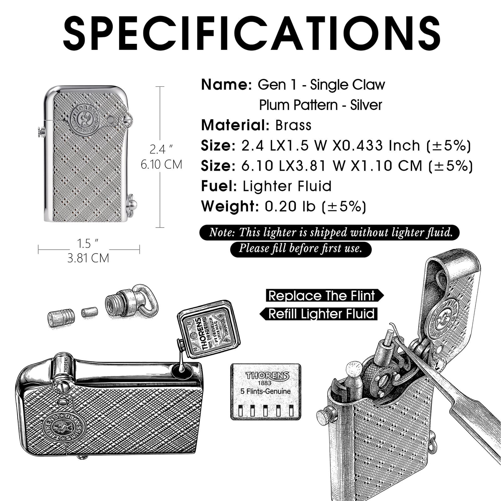A comprehensive product infographic for the Thorens Gen 1 Single Claw lighter in "Silver Plum Pattern." The layout includes technical specs such as dimensions (2.4" x 1.5"), material (Brass), and fuel type, paired with illustrative diagrams for refilling lighter fluid and replacing the flint.