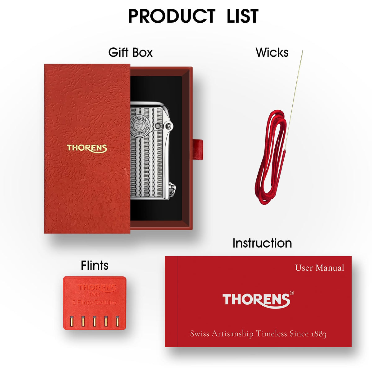 A "Product List" infographic for the Thorens Gen 1 Single Claw lighter in "Water Ripple Silver." The silver-toned lighter with vertical wave engravings is showcased inside a signature red gift box, accompanied by essential maintenance items: replacement wicks, a 5-pack of flints, and an official user manual.