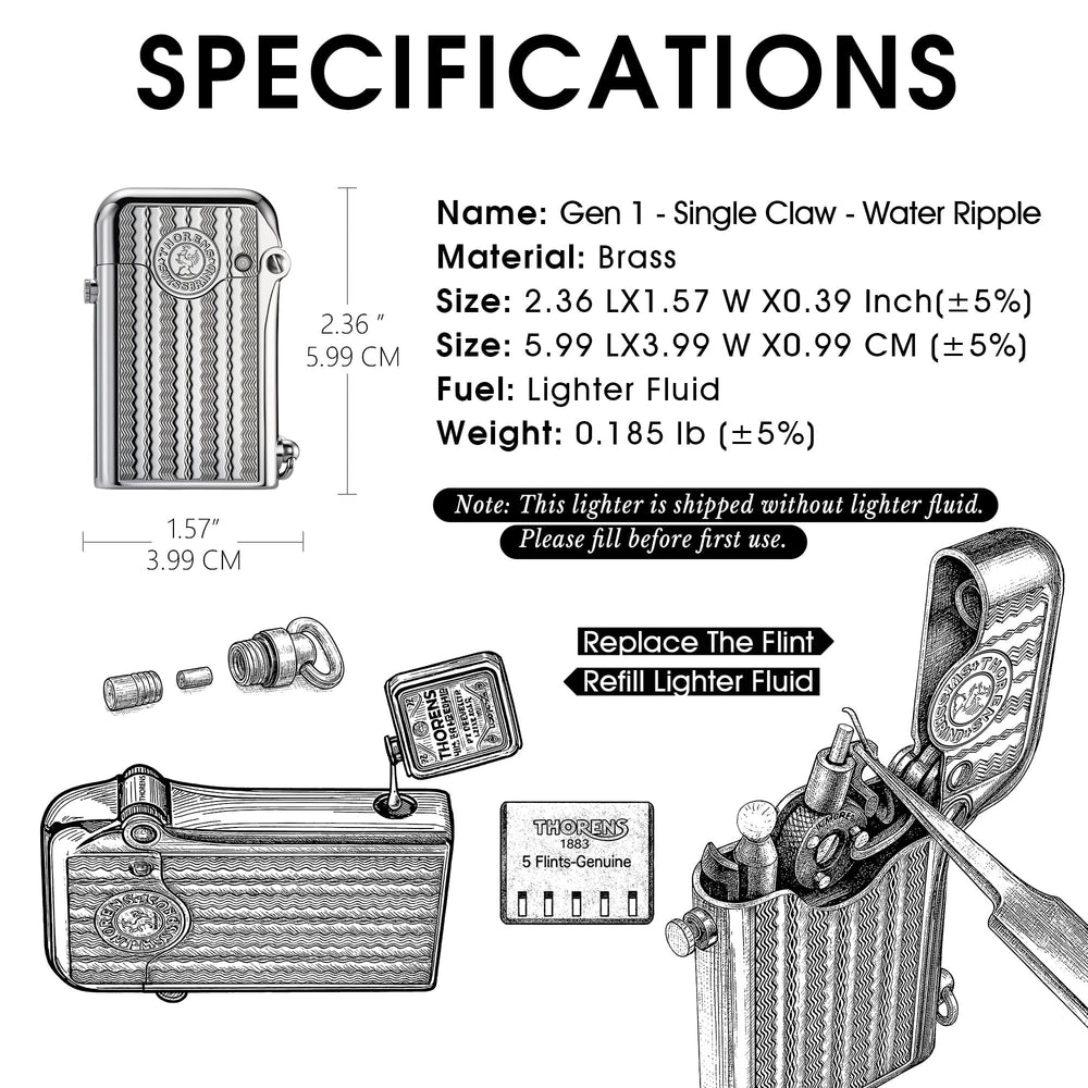A technical product infographic for the Thorens Gen 1 Single Claw lighter in "Water Ripple Silver." The image displays key specifications including dimensions (2.36" x 1.57"), material (Brass), and weight (0.185 lb), alongside detailed line-art diagrams for refilling lighter fluid and replacing the flint.