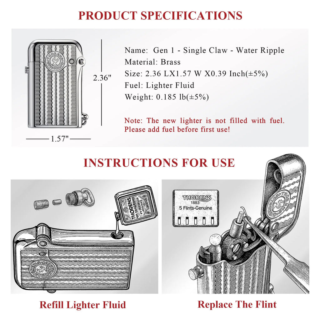 A technical product infographic for the Thorens Gen 1 Single Claw lighter in "Water Ripple Silver." The image displays key specifications including dimensions (2.36" x 1.57"), material (Brass), and weight (0.185 lb), alongside detailed line-art diagrams for refilling lighter fluid and replacing the flint.