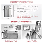 A technical product infographic for the Thorens Gen 1 Single Claw lighter in "Water Ripple Silver." The image displays key specifications including dimensions (2.36" x 1.57"), material (Brass), and weight (0.185 lb), alongside detailed line-art diagrams for refilling lighter fluid and replacing the flint.