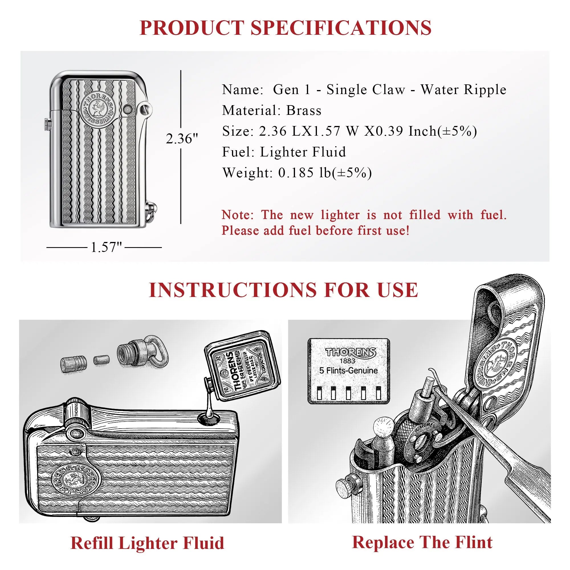 A technical product infographic for the Thorens Gen 1 Single Claw lighter in "Water Ripple Silver." The image displays key specifications including dimensions (2.36" x 1.57"), material (Brass), and weight (0.185 lb), alongside detailed line-art diagrams for refilling lighter fluid and replacing the flint.