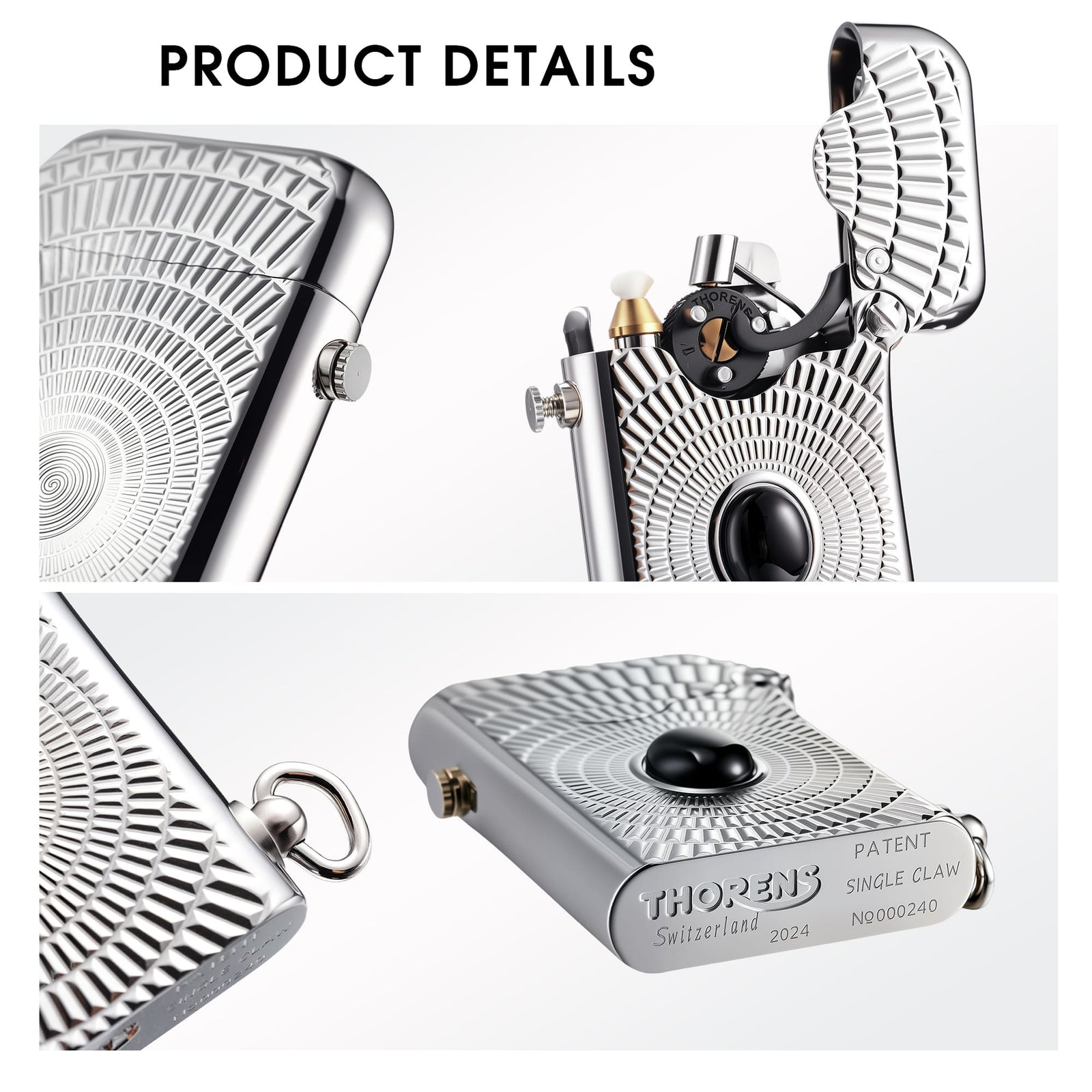 A silver Thorens Single Claw lighter featuring a sunburst engraving and black Eye of Diamond inlay, displaying the mechanical ignition and Swiss heritage branding.