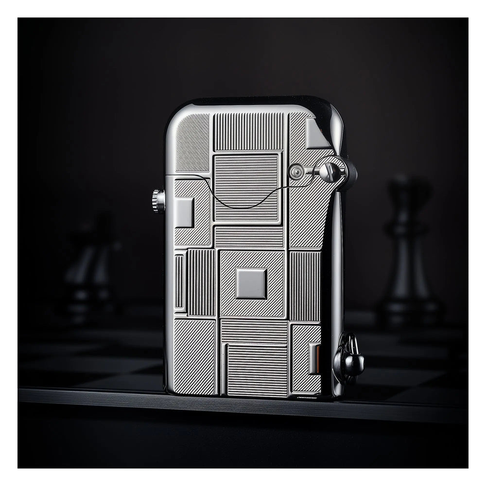 A Thorens Gen 1 Single Claw lighter with a closed lid, highlighting the intricate geometric line engravings and high-polish silver finish against a dark, atmospheric chessboard backdrop.